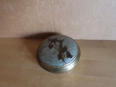 Schale mit Deckel Dose Messing mit Emaille Lilien grau schwarz ca. 10,5 cm Ø