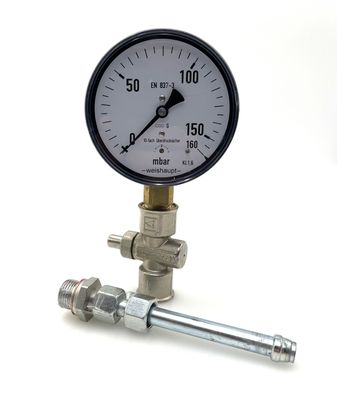 Weishaupt Druckmanometer 160 mbar mit Manometerhahn & Adapterstück | S10/26