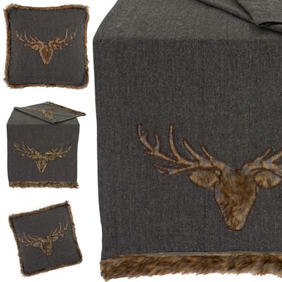 Tischdecke Tischläufer Kissenbezug Landhaus Heimtextilien Dunkelgrau Hirsch Plüsch