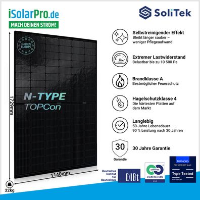 435W SoliTek SOLID Bifacial Full Black Rahmenlos 1729 × 1140 × 7,2 mm B.108 Glas-Glas