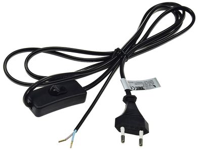 Netzkabel mit Schnurschalterblanke Enden, 2m lang, schwarz