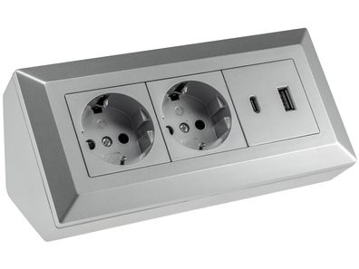 2-fach Steckdosenblock, USB-A+C, silber 250V / 16A, Aufbaumontage, USB 3,1A, PD