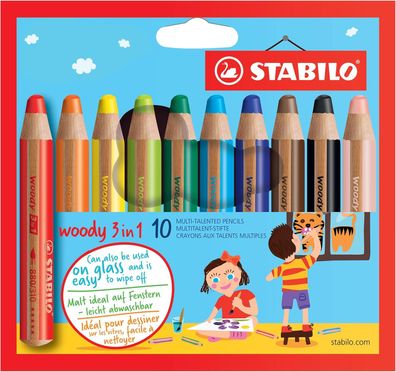 Stabilo - woody 3 in 1 Buntstift, Wasserfarbe & Wachsmalkreide - 10er Pack mit Spitze