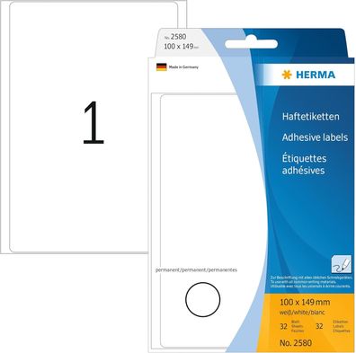 HERMA 2580 Vielzweck-Etiketten, 32 Stück, 100 x 149 mm, 1 pro Bogen, selbstklebend, H