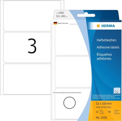 HERMA 2500 Vielzweck-Etiketten, 96 Stück, 52 x 100 mm, 3 pro Bogen, selbstklebend, Ha