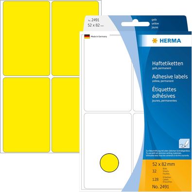 HERMA 2491 Vielzweck-Etiketten, 128 Stück, 52 x 82 mm, 4 pro Bogen, selbstklebend, Ha