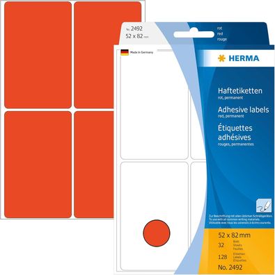 HERMA 2492 Vielzweck-Etiketten, 128 Stück, 52 x 82 mm, 4 pro Bogen, selbstklebend, Ha