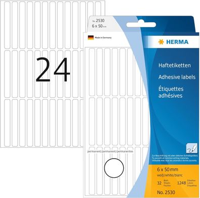 HERMA 2530 Vielzweck-Etiketten, 1248 Stück, 6 x 50 mm, 39 pro Bogen, selbstklebend, H