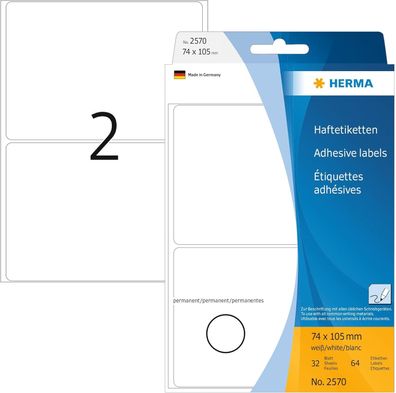 HERMA 2570 Vielzweck-Etiketten, 64 Stück, 74 x 105 mm, 2 pro Bogen, selbstklebend, Ha