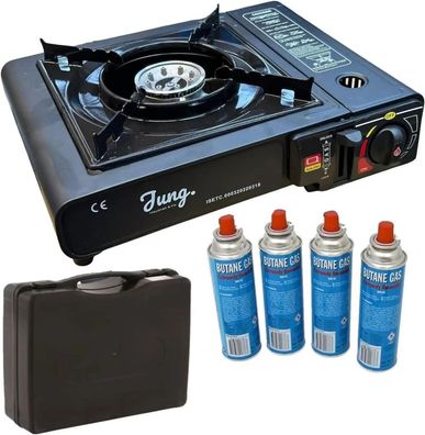 JUNG Camping Gaskocher + 4 Butangas Kartuschen Gas Kocher Notfallkocher Campingkocher