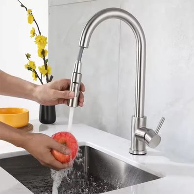Brushed Nickel Pull-Out Kitchen Faucet, Stainless Steel Black Mixer Tap