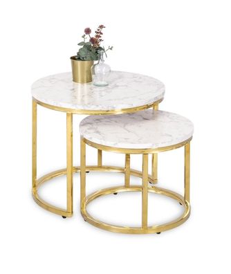 2 Beistelltische Ø 53/43 Tischset Couchtisch Ablagetisch Marmorweiß Gold