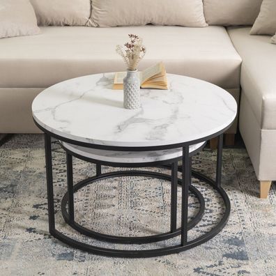 2 Beistelltische Ø 80 und 60 Tischset Couchtisch Ablagetisch Marmorweiß Schwarz