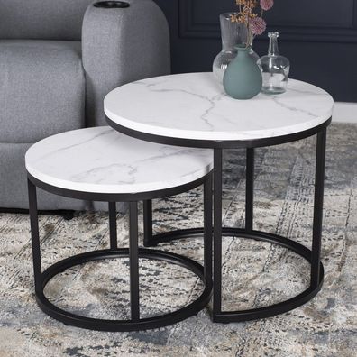 2 Beistelltische Ø 53 und 43 Tischset Couchtisch Ablagetisch Marmorweiß Schwarz