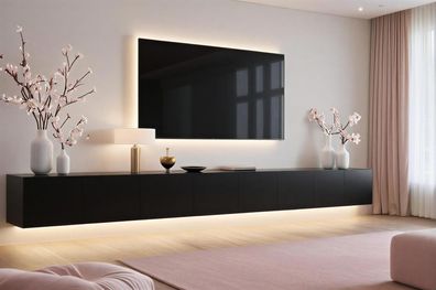 Lowboard PARIS 400 cm Schwarz Matt - Soft Close TV-Schrank- LED optional