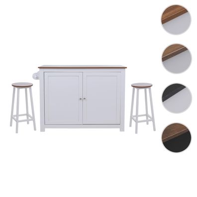 Kücheninsel HWC-P61 mit 2 Sitzhockern, Schublade Staufächer MDF 90x120x45cm
