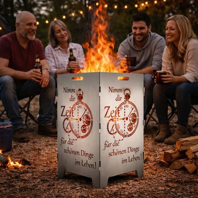 Feuerkorb mit Zeit-Motiv, 2- fach Laserung, Zerlegbar, Gartendekoration, Gartenfeuer