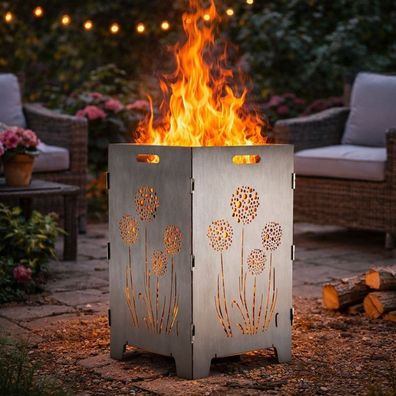 Feuerkorb mit Pusteblumen-Motiv, 4- fach Laserung, Zerlegbar, Gartendeko