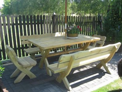 Gartenmöbel OI 2 + 2, Holzgartenmöbel, Tisch 180cm + 2 x Bank + 2 x Stuhl