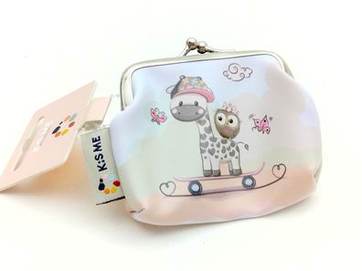 Kinderbörse Knipsverschluss creme/hellblau mit Giraffenmotiv
