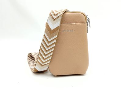 Beigefarbene Handytasche Umhängetasche – mit gemustertem Schultergurt und Fächern