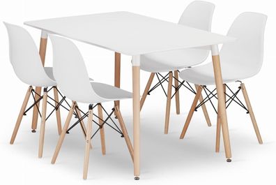 Esszimmer Set 120x80 cm Weiß mit 4 Stühlen | MDF Tisch & Buchenholzbeine