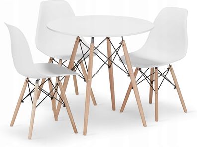 Best For Home Rundes Tischset Weiß Ø80 cm mit 3 Stühlen | MDF & Buchenholzbeine