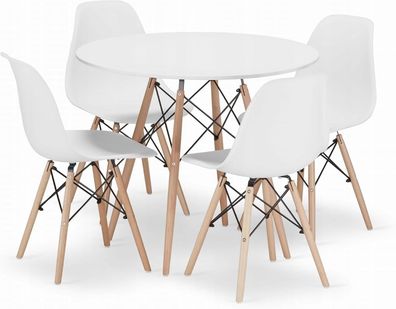 Best For Home Rundes Tischset Weiß Ø90 cm mit 4 Stühlen | MDF & Buchenholz