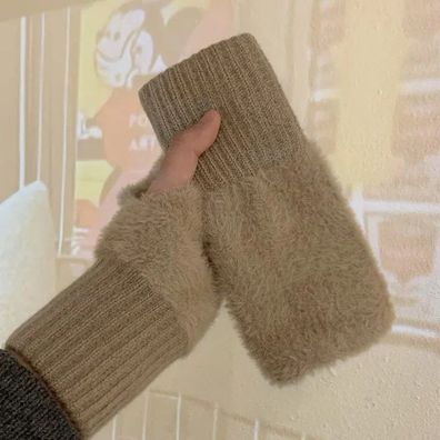 Women´s Luxury Solid White Plush Fingerless Knitted Gloves & Mittens