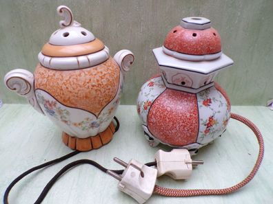 Porzellan Rauchverzehrer Duftlampe mit alter Elektrik 50er Jahre orange Blütendekor