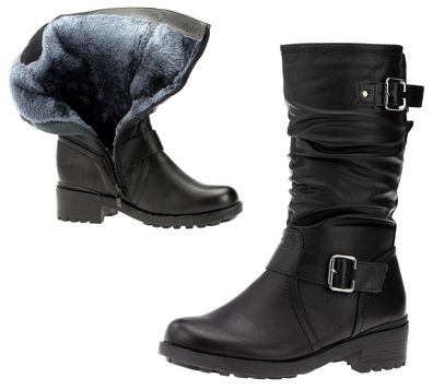 Damen Stiefel Boots Winterstiefel Gefüttert Blockabsatz Profilsohle Leder-Optik