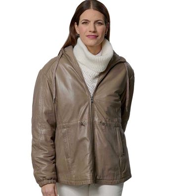 Jilani Collection - Damen Lederjacke Lammnappa Kapuze Oversize dark sand