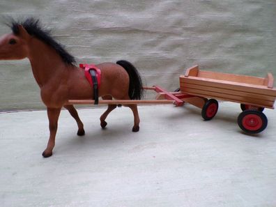 altes Pferdegespann Pferd mit Holzwagen Anhänger ca 48x22cm