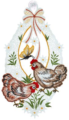 Fensterbild Ostern Landhaus Spitze Fensterdekoration Plauener Stickerei Hühner