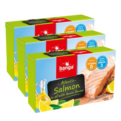 Banga Atlantischer Lachs in Öl mit Zitronenaroma 3x 120g in der Dose mit Omega 3
