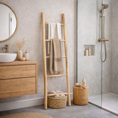 Teak Deko-Leiter KEPALA ca. H150cm Natural Handtuchhalter Kleiderständer Regal