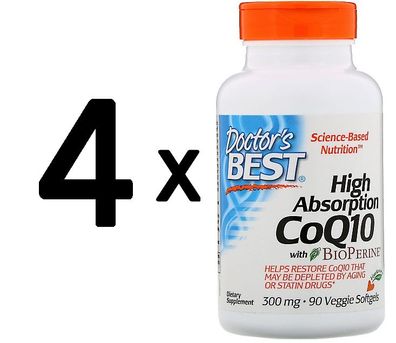 4 x Doctors Best High Absorption CoQ10 with BioPerine, 300mg - 90 veggie softgels