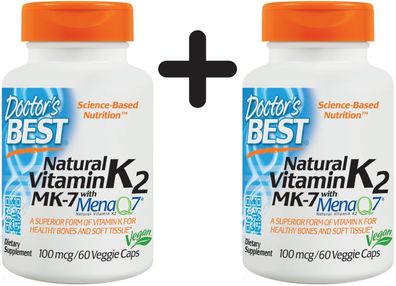 2 x Doctors Best Natural Vitamin K2 MK7 with MenaQ7, 100mcg - 60 vcaps