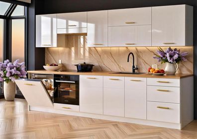 Küchenzeile Linda DW 300 cm Weiß Hochglanz/Matt- Küche 3m, Einbauküche