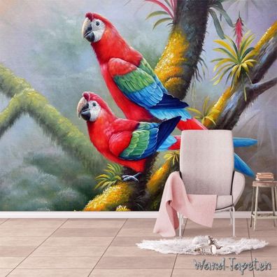 Vlies Fototapete Wandtapete Wandbilder Handgemaltes Farbenfrohem Papageien 4361