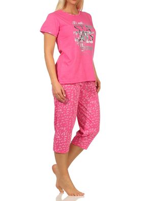 Damen kurzarm Capri Schlafanzug mit tollem Frontprint und 3/4-langer Caprihose