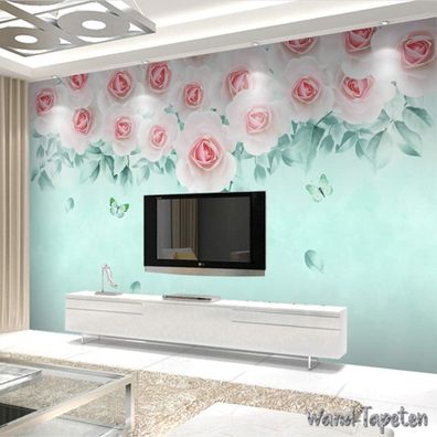 Vlies Fototapete Wandtapete Wandbilder Handgemalte Rosen und Schmetterlinge 4383