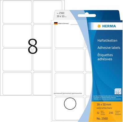 HERMA 2560 Vielzweck-Etiketten, 256 Stück, 39 x 50 mm, 8 pro Bogen, selbstklebend, Ha