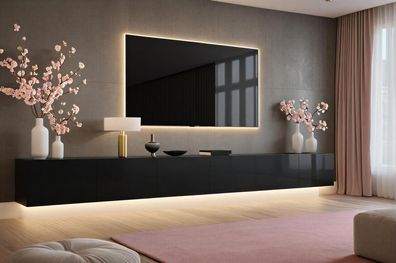 Lowboard PARIS 300 cm Schwarz Hochglanz, Matt -TV-Schrank Soft Close - LED optional