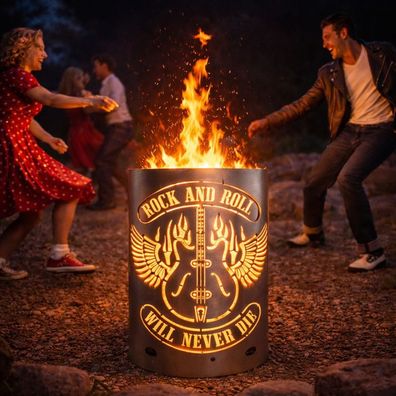 Tiko-Metalldesign Feuertonne / Feuerkorb mit Motiv " Rock and Roll - Will never die "