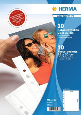 HERMA 7589 Fotohüllen für Ordner, 10 Stück, 20x30 cm, 1 Fach, beidseitig bestückbare
