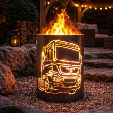 Feuertonne / Feuerkorb mit MAN LKW Motiv - Robuste Feuersäule aus Stahl