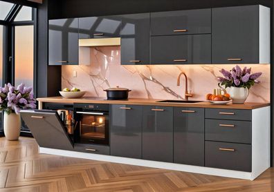 Küchenzeile Linda DW 300 cm Grau Hochglanz- Küche, Küchenblock 3m, Einbauküche