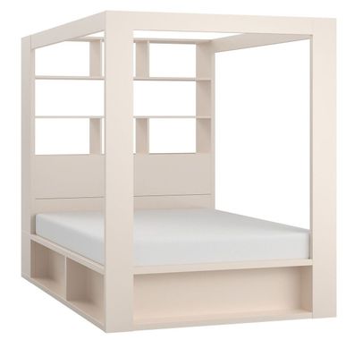 Himmelbett 160x200 Calgary sandbeige mit aufkl. Lattenrost Bettkasten Regal