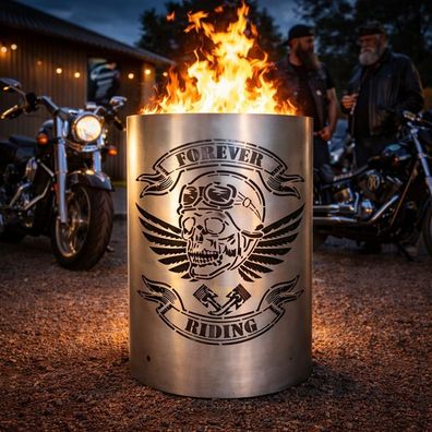 Tiko-Metalldesign Feuertonne / Feuerkorb mit Motiv " Skull - Forever Riding "